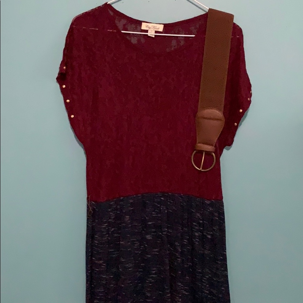 Red and navy hi-low dress with brown belt